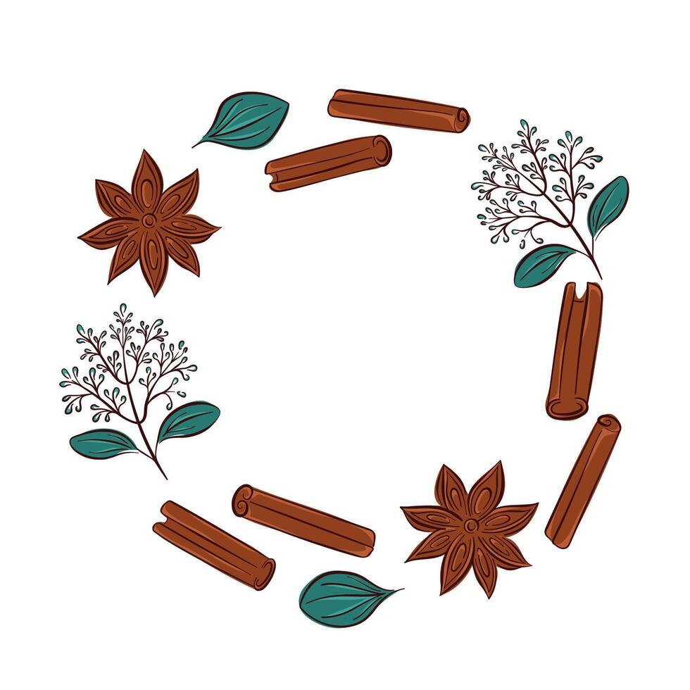 980x980 Cinnamon stick, star anise, leaves and flower arranged in a decorative circular frame in flat style. Perfect for spice package, kitchen wallpaper, natural food or organic ingredient themed design. 68765549 Vector Art