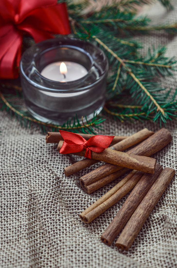 728x1099 HD wallpaper: several cinnamon sticks, chopsticks, christmas, new year, candle