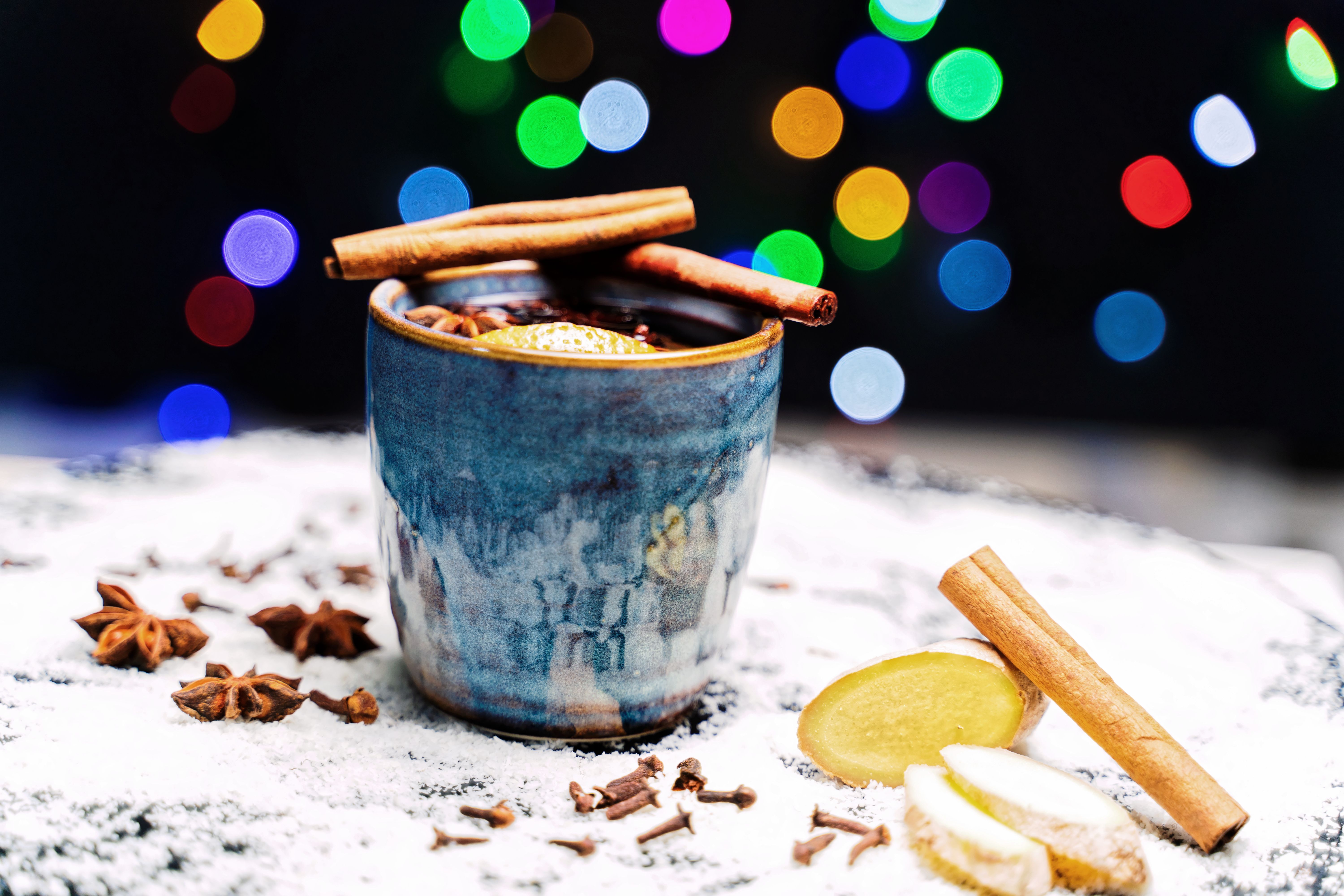 6000x4000 Ginger Tea With Cinnamon And Star Anise On Blue Ceramic Cup · Free