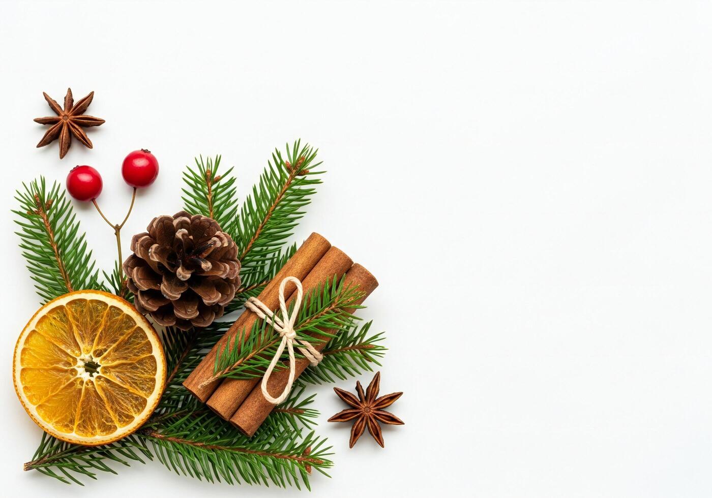 1400x980 Christmas background, Christmas wallpaper, Pine branches dried orange slice cinnamon sticks pine cone red berries and star anise arranged composition