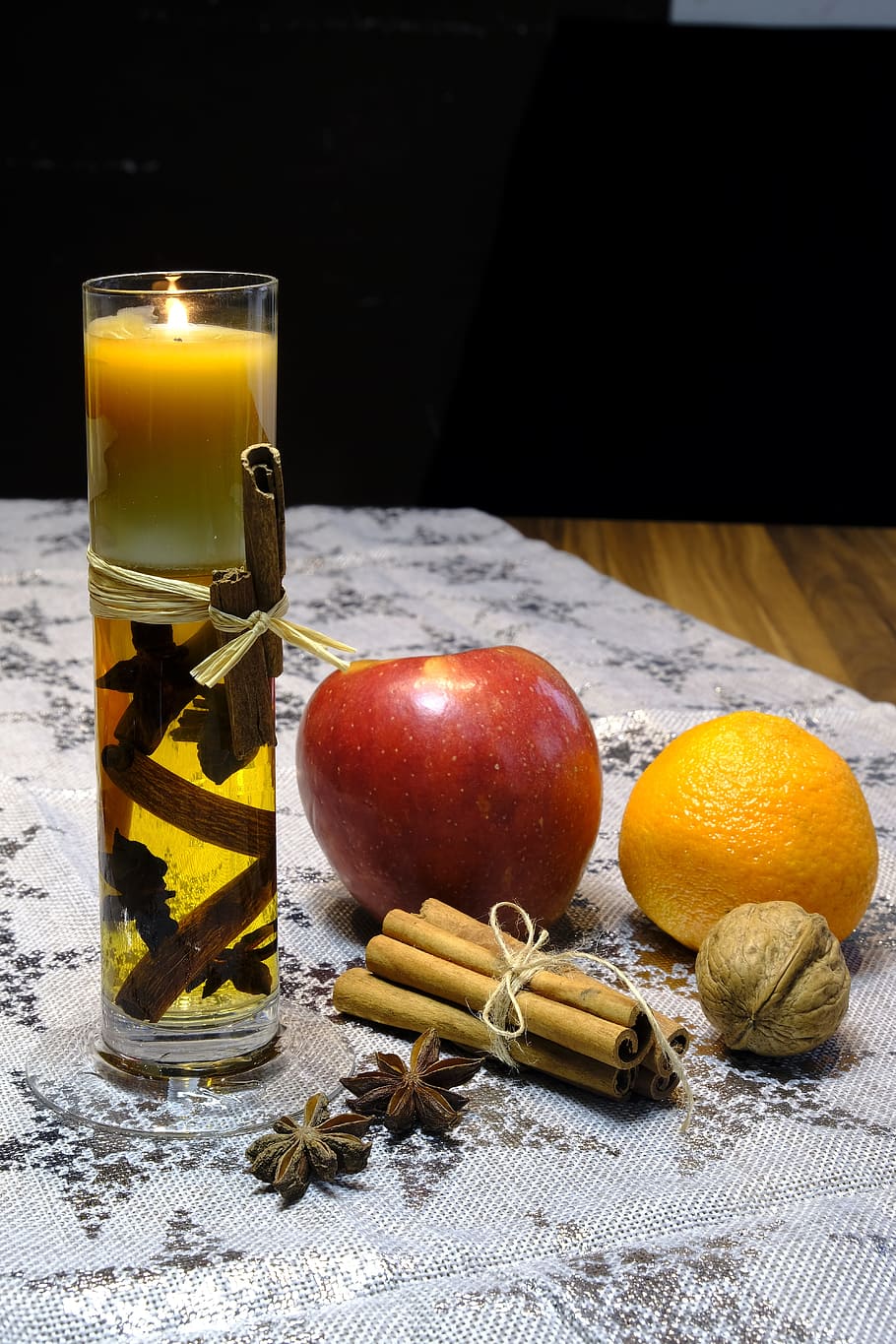 910x1365 HD wallpaper: apple, orange, cinnamon, cinnamon sticks, anise, star anise