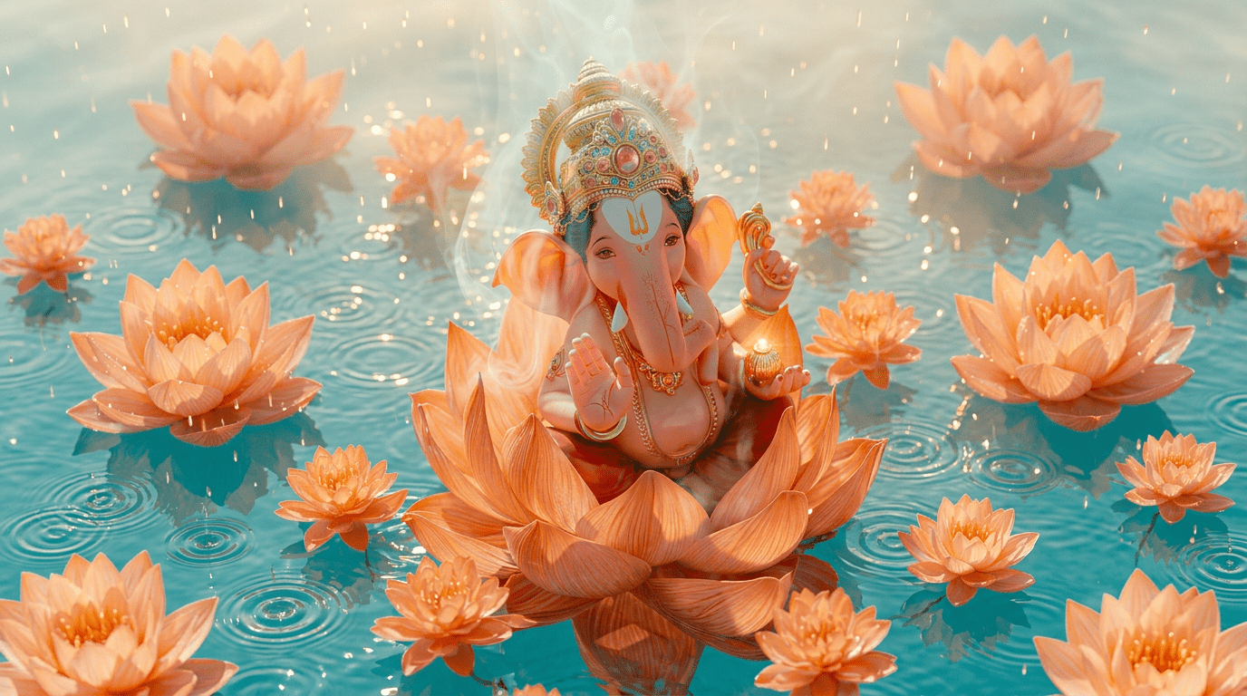 1376x768 Hyper Realistic Ganesha on Lotus with Raindrops & Turquoise Water