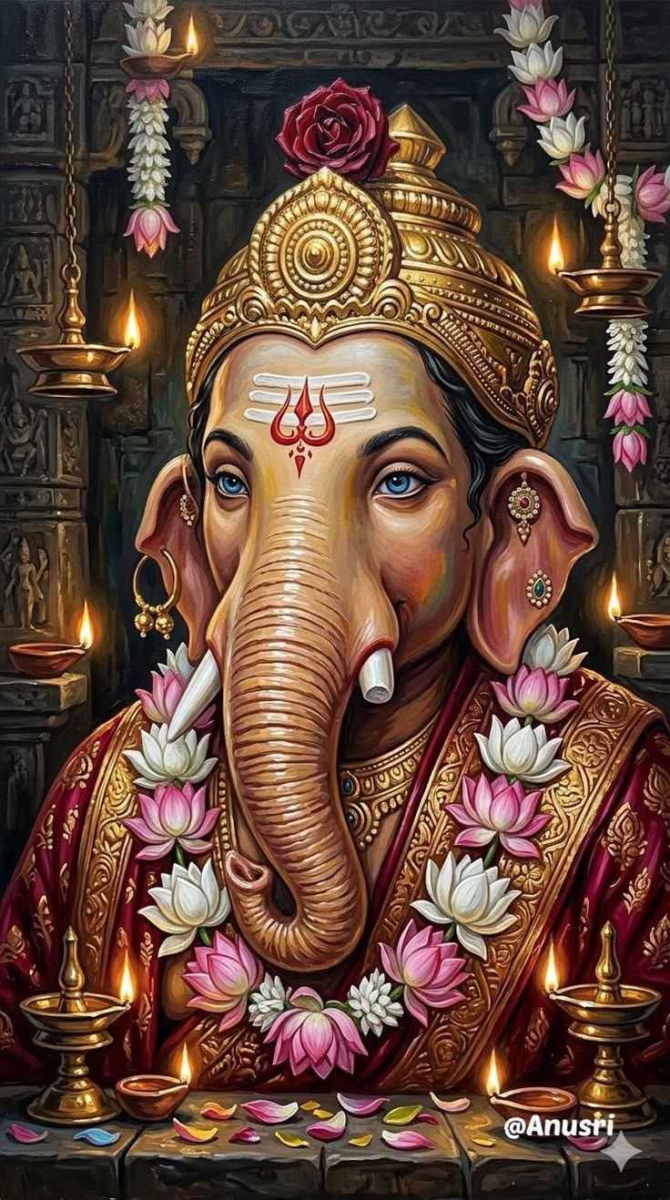 736x1318 God and flowers. Ganesh with lotus flower painting, Lotus flower painting with ganapati, Lord vinayagar
