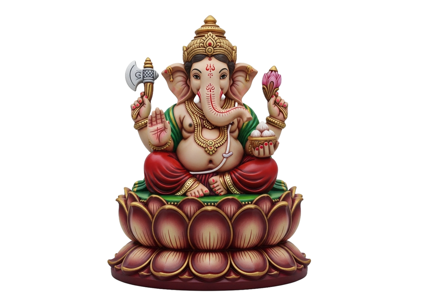 1400x980 A colorful statue of Lord Ganesha sitting on a lotus flower with various objects in his hands. 76827985 PNG