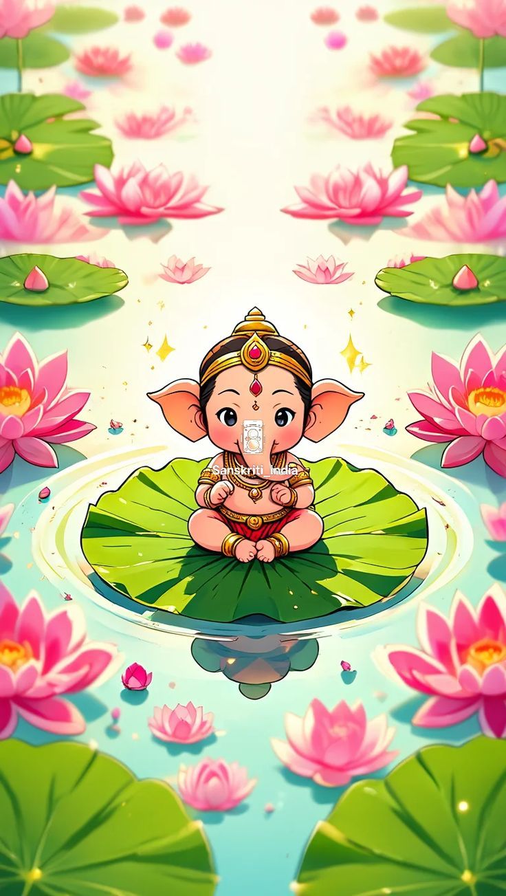 736x1303 Lord ganesha with water lily. Ganesha with lotus painting simple, Ganesh with lotus flower painting