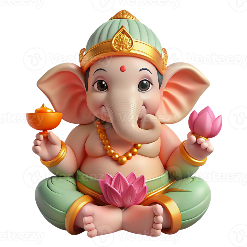 980x980 Stunning Artistic A Serene Hindu Ganesha, Elephant Headed God Of Wisdom, Holding A Lotus Flower And A Modak. Intricate, Vibrant Style High Resolution 58162532 PNG