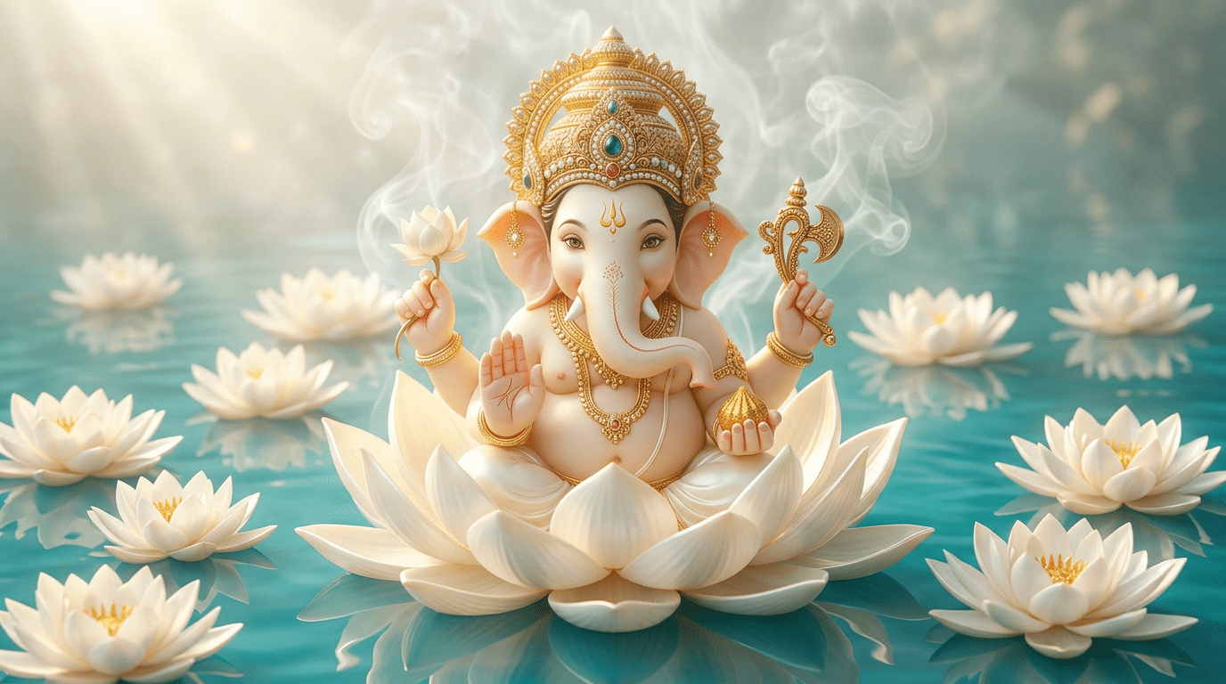 1376x768 Divine Lord Ganesha Portrait with White Lotus & Turquoise Water