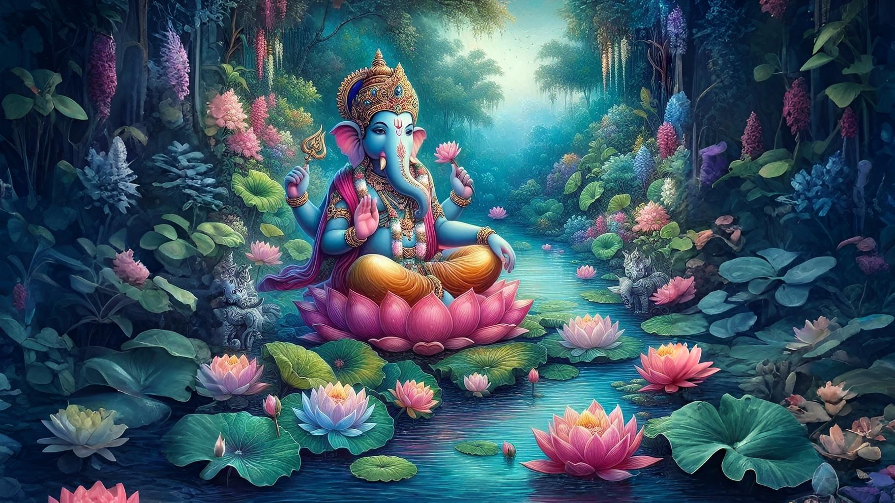 1820x1024 Ganesha sitting on lotus flower ai wallpaper for pc
