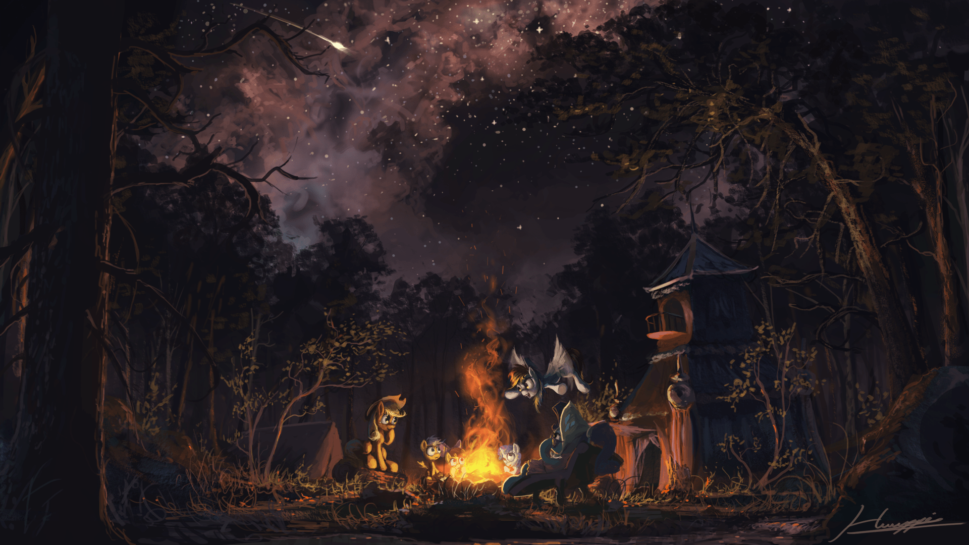 1920x1080 Download Starry Sky Night Camp Fire Rarity (My Little Pony) Scootaloo (My Little Pony) Apple Bloom Sweetie Belle Rainbow Dash Applejack (My Little Pony) TV Show My Little Pony: Friendship Is Magic