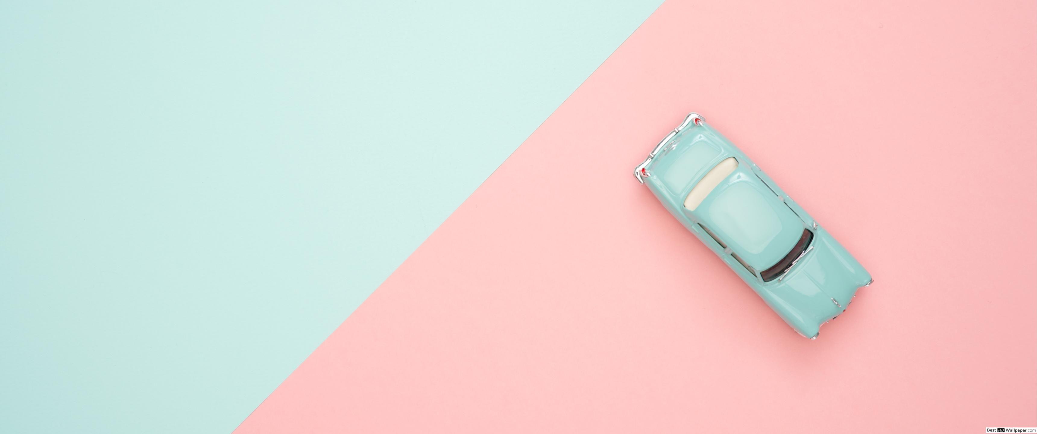 3440x1440 Classic car miniature in light blue and pink background HD wallpaper download