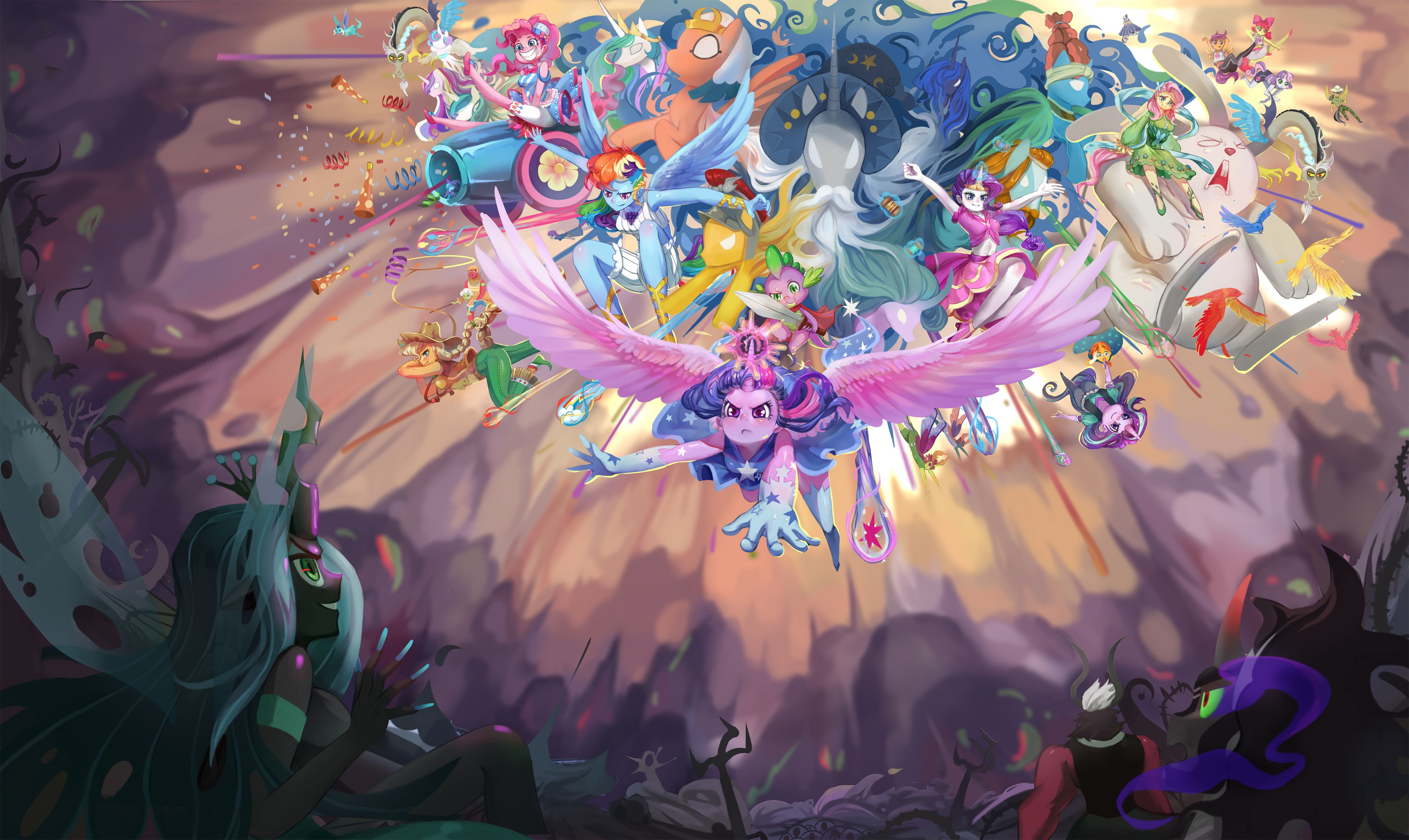 4111x2452 Phone wallpaper: My Little Pony, Phoenix, Discord (My Little Pony), My Little Pony: Friendship Is Magic, Tv Show, Ahuizotl (My Little Pony), Beard, Creature, Magic, Moon, Nightmare Moon (My Little Pony), Princess