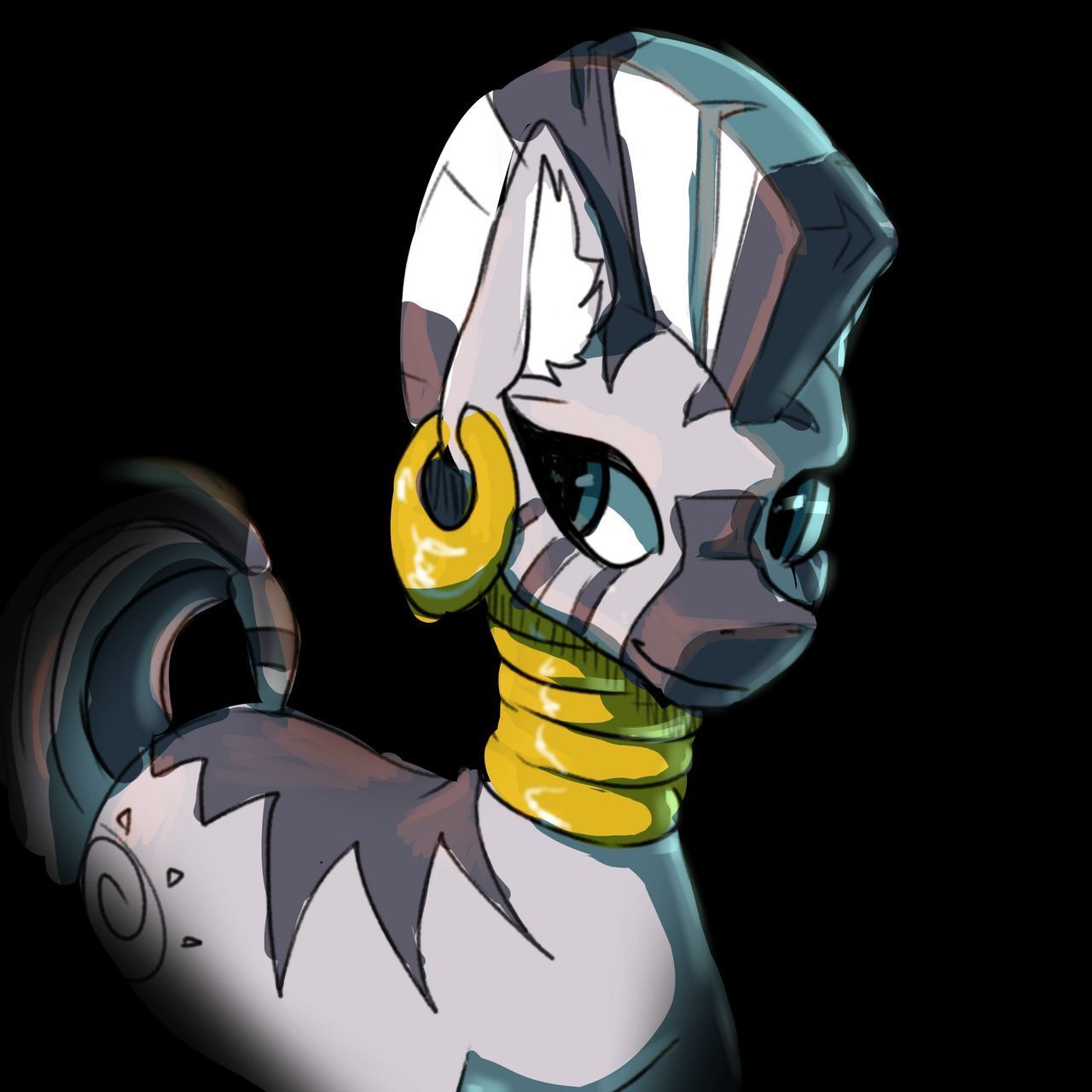 1280x1280 safe, artist:1alberich zecora (mlp), equine, mammal, zebra, feral, friendship is magic, hasbro, my little pony, ear piercing, earring, female, neck rings, piercing, sketch, smiling, solo, solo female, tail, ungulate