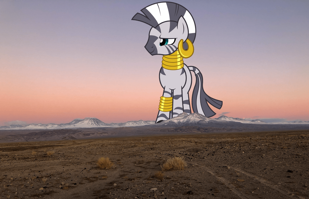1280x826 safe, artist:baumkuchenpony, character:zecora, species:zebra, chile, desert, female, giantess, highrise ponies, irl, macro, mega giant, mountain, photo, ponies in real life