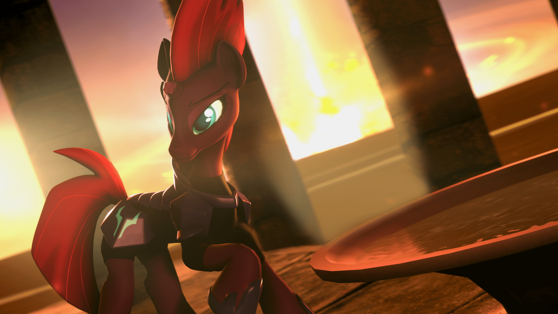 1920x1080 safe, artist:twilighlot, character:tempest shadow, 3D, female, fire, solo, source filmmaker