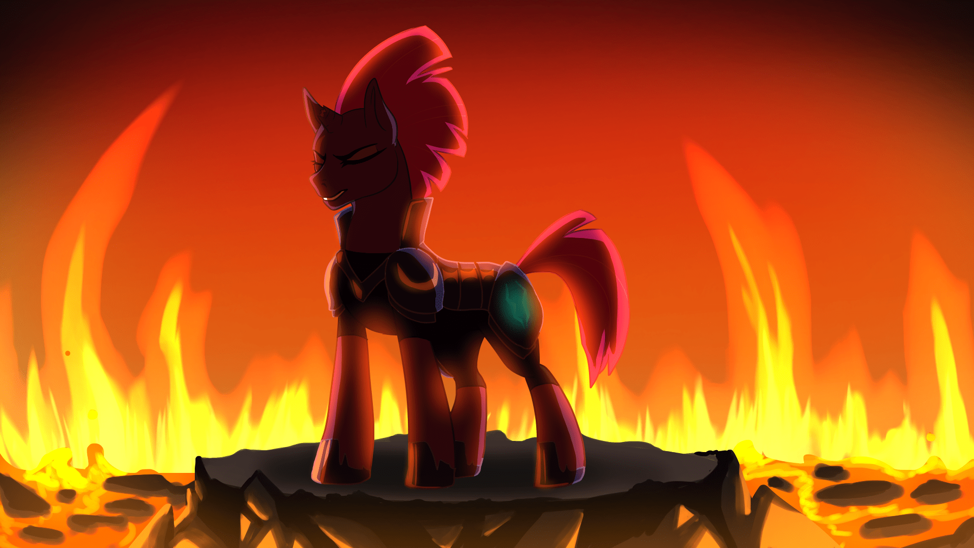 1920x1080 safe, artist:chikkiarts, derpibooru import, tempest shadow, unicorn, my little pony: the movie, armor, broken horn, fire, open up your eyes, solo, wallpaper