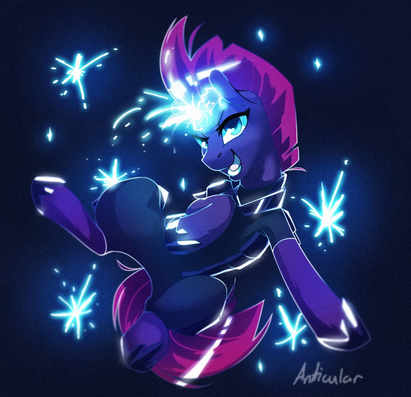 1397x1349 safe, artist:anticular, tempest shadow (mlp), equine, fictional species, mammal, pony, unicorn, feral, friendship is magic, hasbro, my little pony, my little pony: the movie, broken horn, clothes, female, glowing