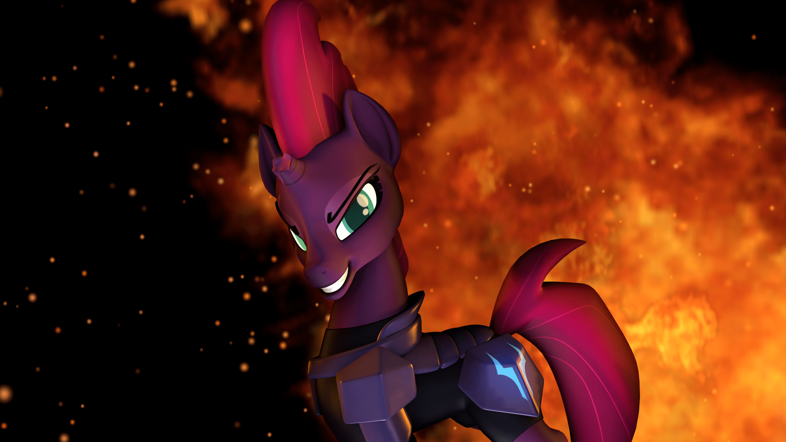 2560x1440 safe, artist:rootbeer derpibooru import, tempest shadow, pony, my little pony: the movie, 3D, broken horn, destruction, evil grin, female, fire, grin, looking at you, mare, silly little ponies, smiling, smirk