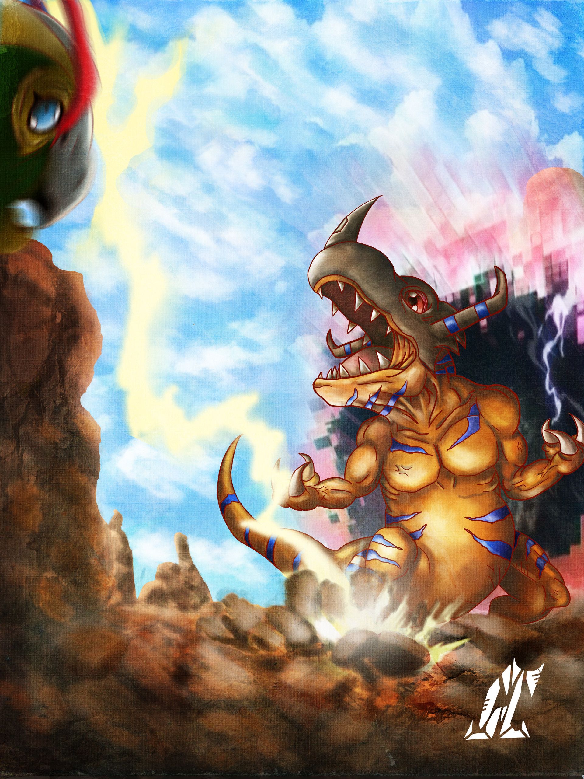 1920x2560 Gillbert Tan Monster Digimon: Greymon Vs Parrotmon FANART