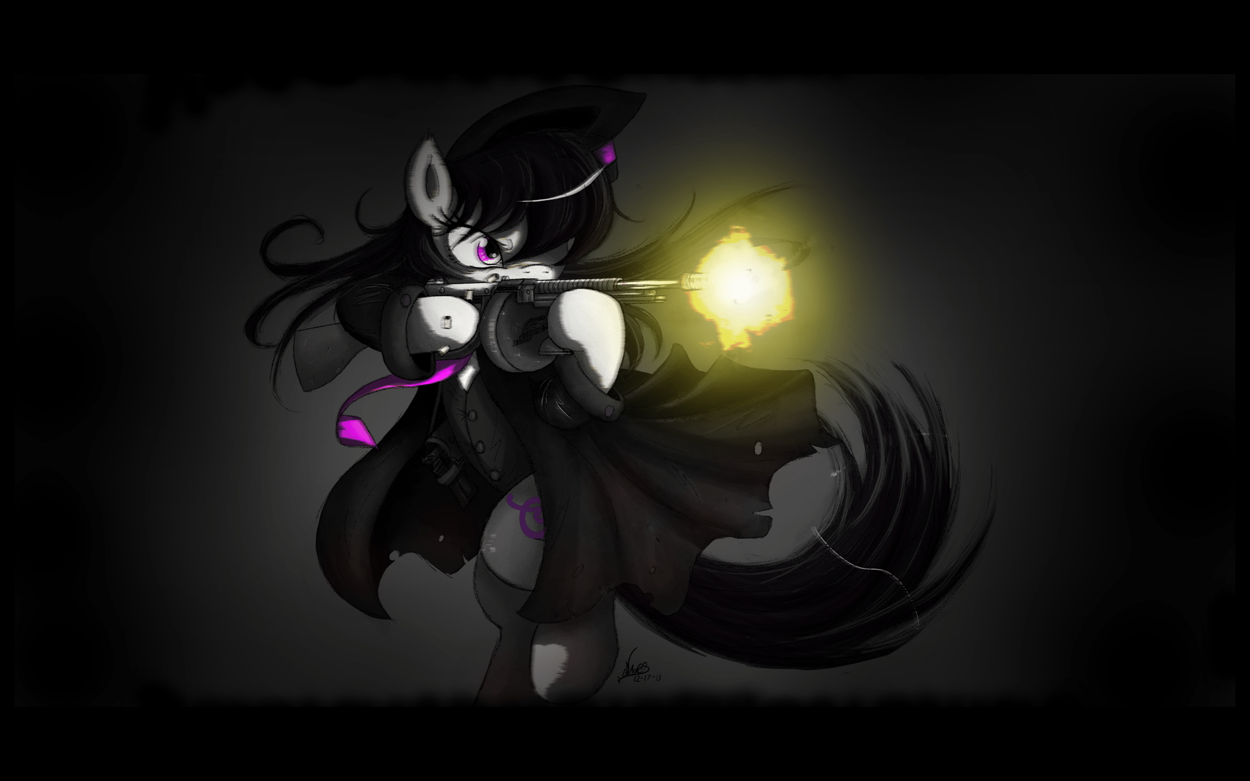 2560x1600 safe, artist:ncmares, artist:rinsowaty, derpibooru import, octavia melody, badass, gun, image, mafia, mafia octavia, png, solo, submachine gun, thompson submachine gun, wallpaper, weapon