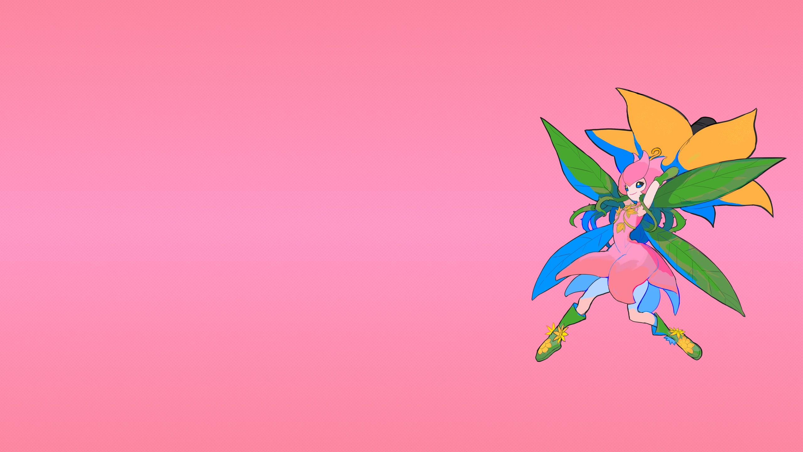 2560x1440 fictional character, blue eyes, fairies, legs, smiling, anime girls, Digimon, Lillymon (Digimon), flowers, pink background, skirt, boots, wings, plants, fictional creatures, vines, thorns, leaves, simple background, Digimon Adventurex1440
