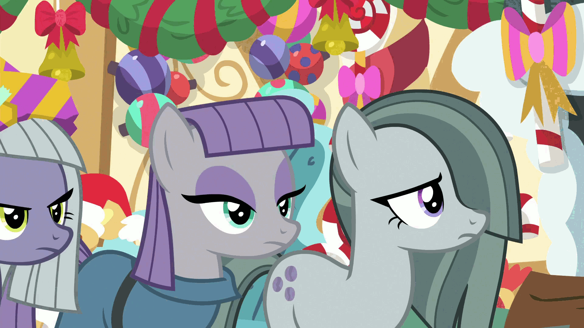 1920x1080 safe, screencap, limestone pie, marble pie, maud pie, pinkie pie, earth pony, pony, g my little pony best gift ever, my little pony: friendship is magic, animated, cheek kiss, cute