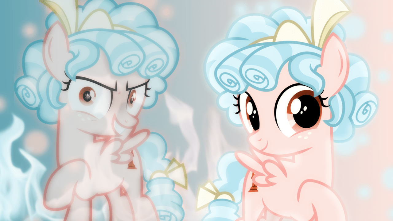 1280x720 safe, artist:jhayarr artist:sailortrekkie cozy glow, pegasus, pony, g cozy glow's true goal, duality, evil smile, female, grin, smiling, solo, wallpaper