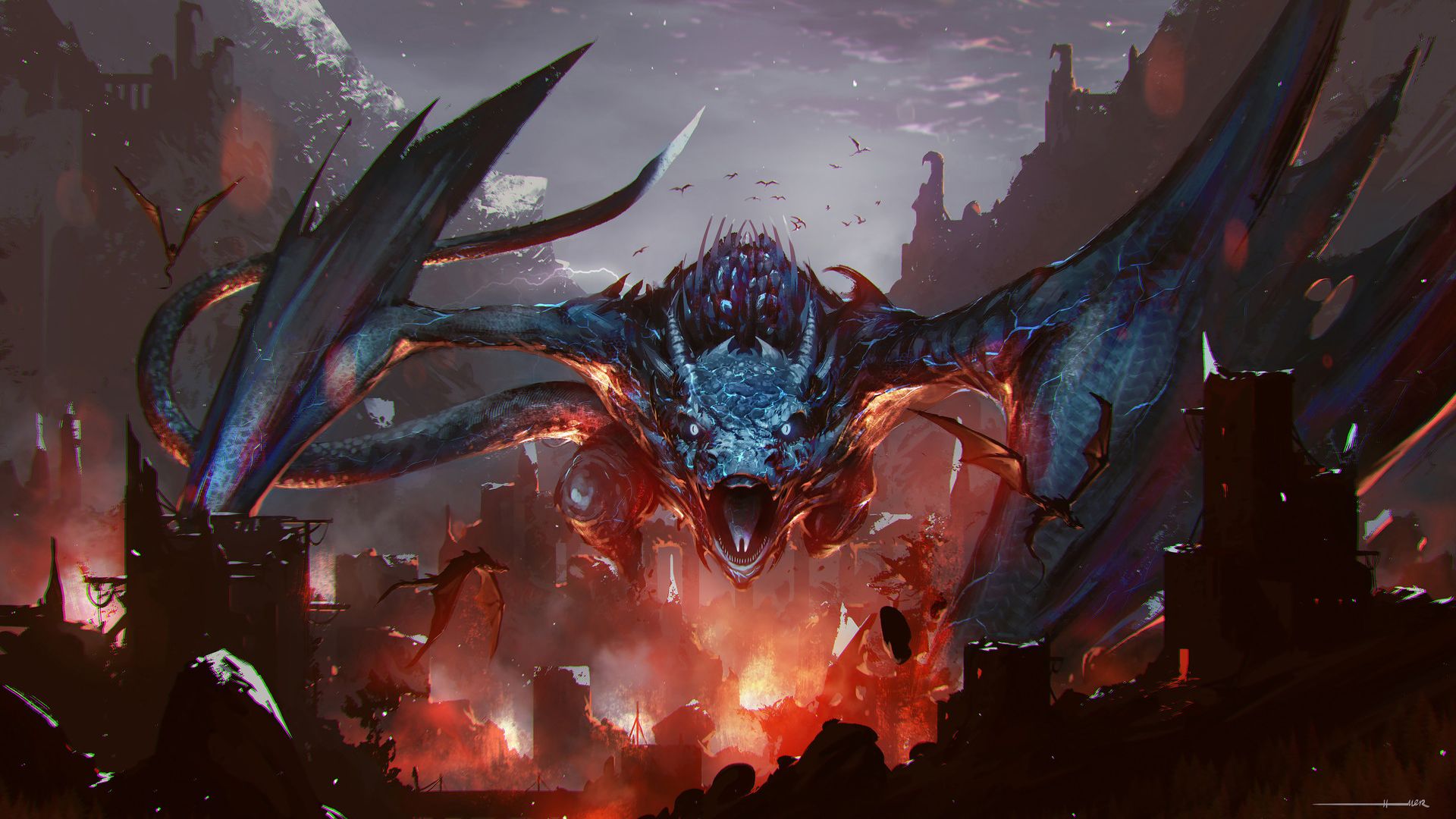 1920x1080 Fantasy Big Dragon Is Flying High With Open Mouth HD Dreamy Wallpaper