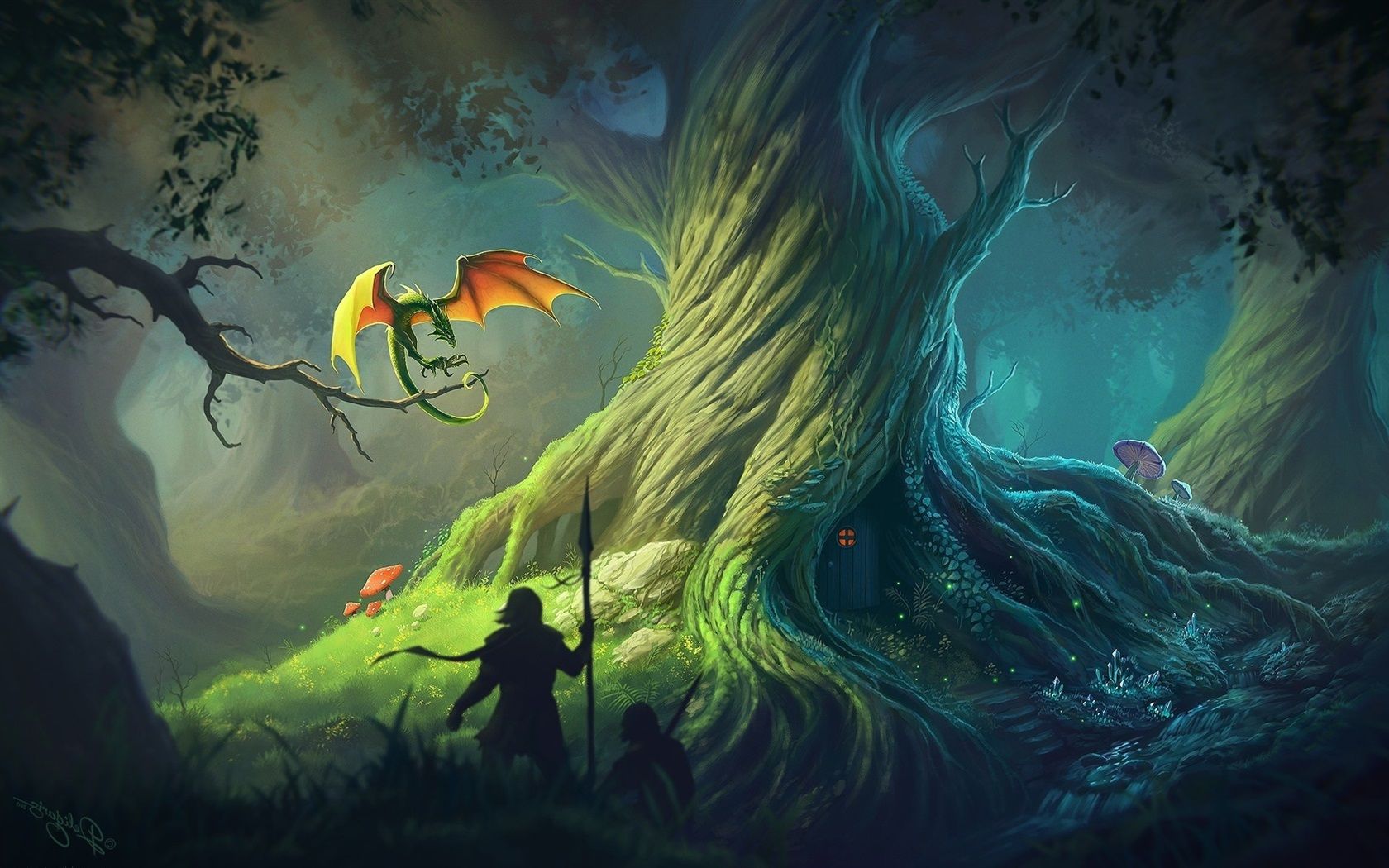 1680x1050 Wallpaper Art fantasy, dragon, big tree, people 1920x1200 Picture, Image