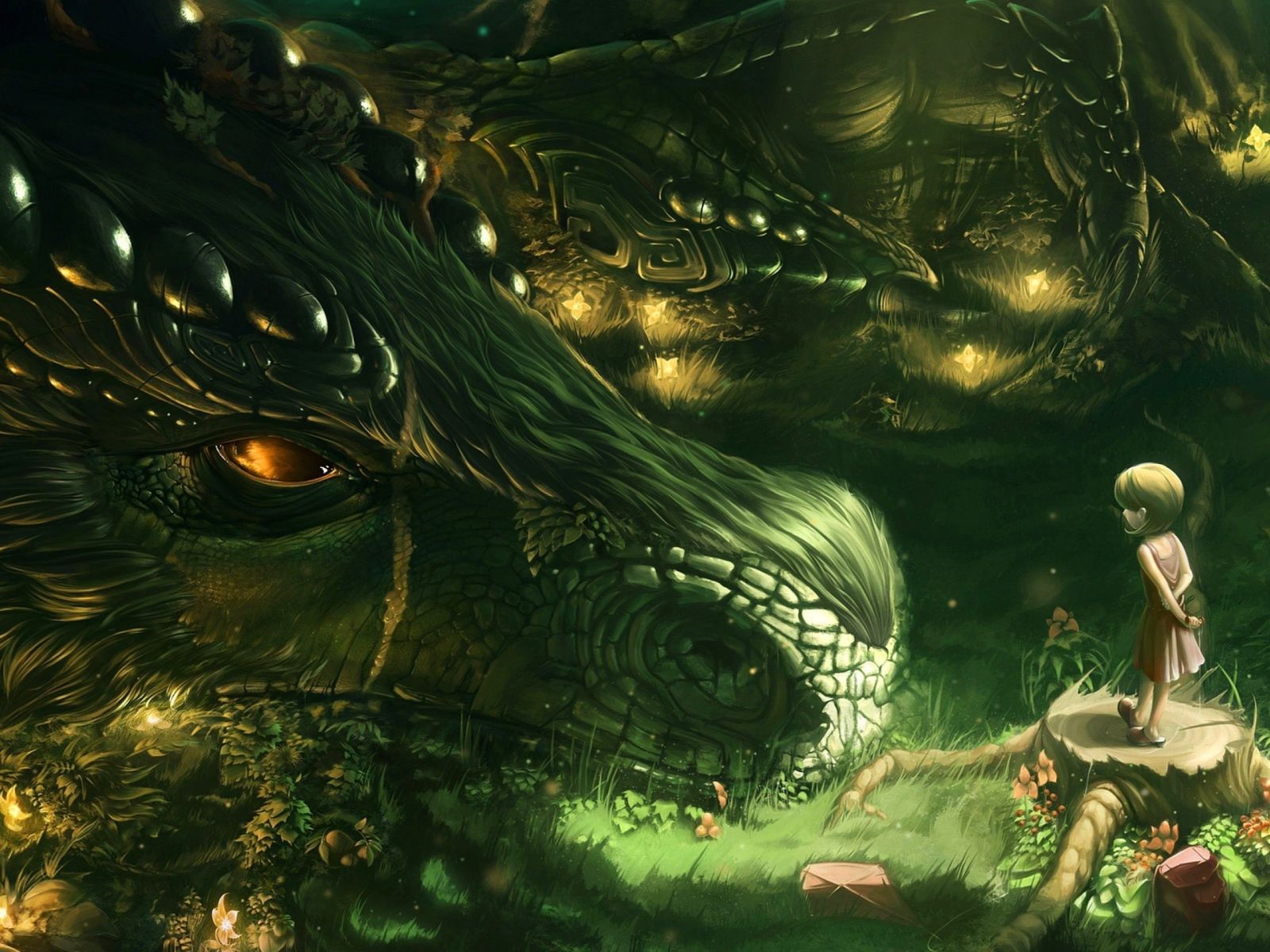 1600x1200 Big dragon and little girl, fantasy Desktop wallpaper 1600x1200