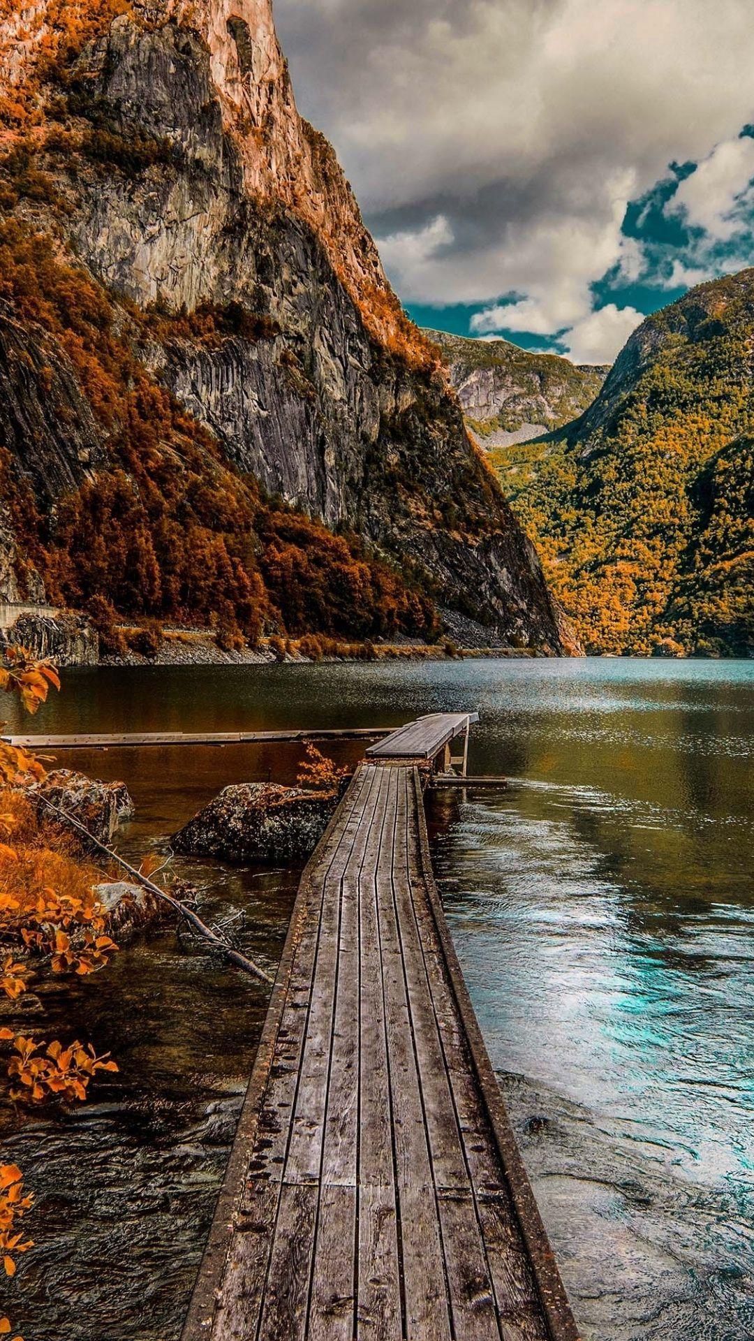 1080x1920 Autumn, wooden dock, lake, forest, 1080x1920 wallpaper. iPhone wallpaper landscape, Autumn wallpaper hd, iPhone wallpaper mountains