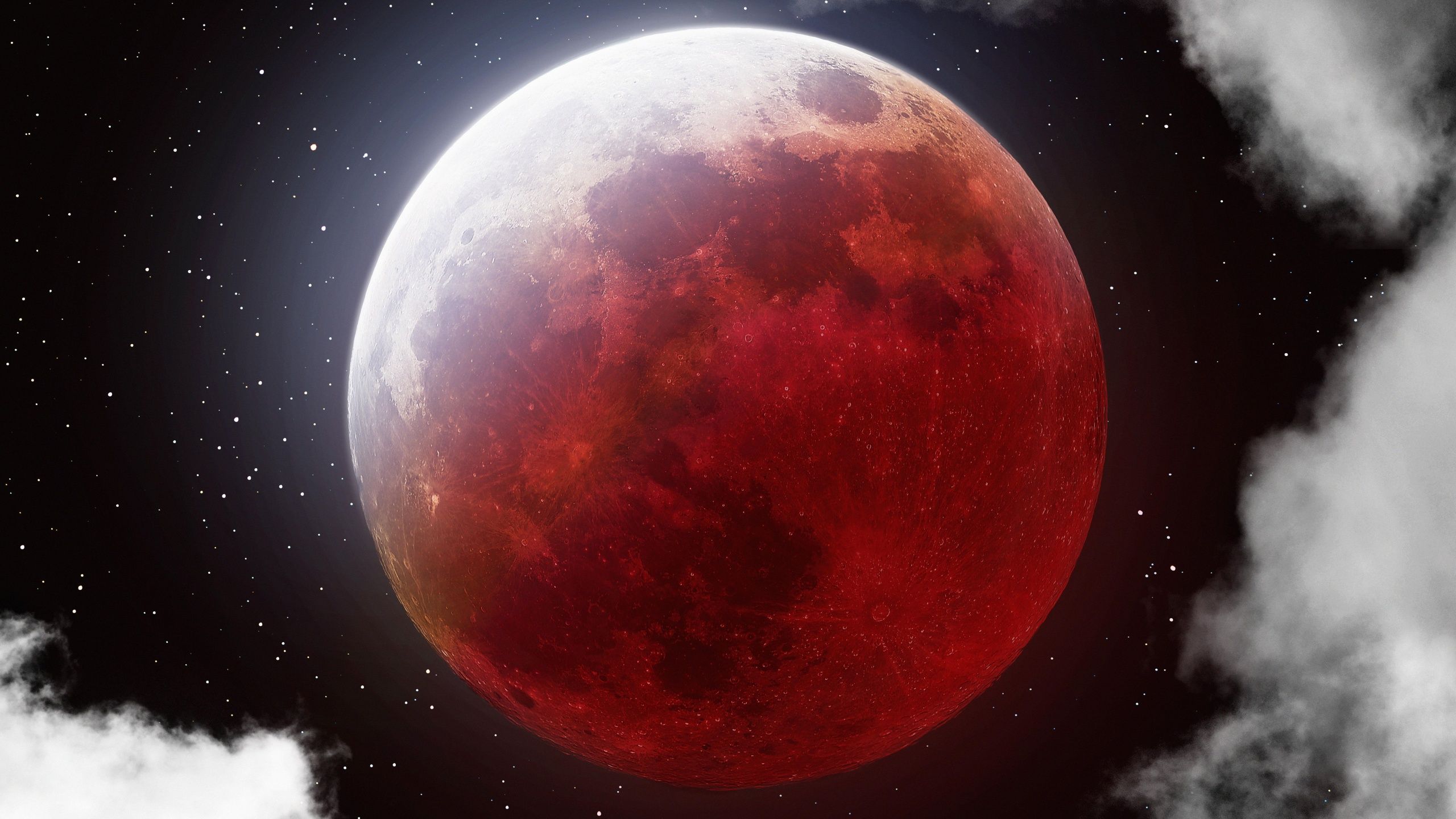 2560x1440 Lunar Eclipse Wallpaper 4K, 8K, Blood Moon, Clouds, Stars