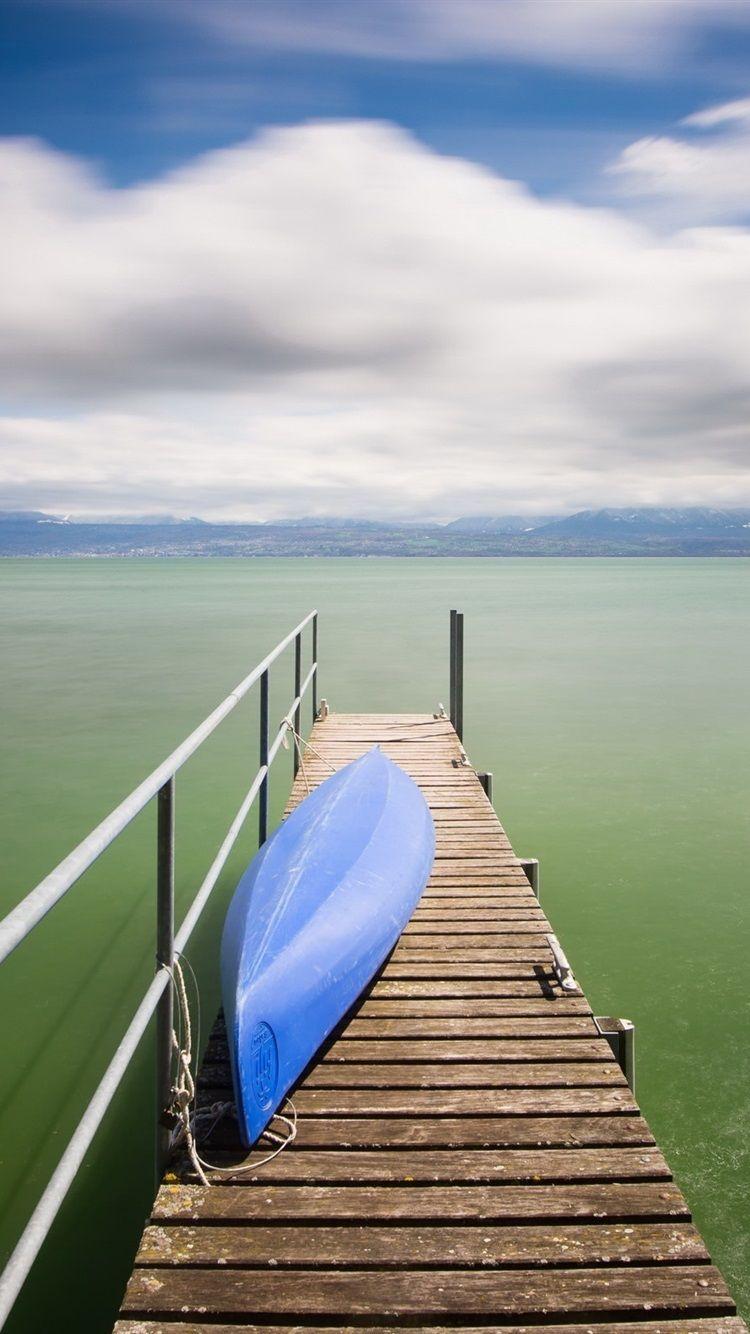 750x1334 Lake, Dock, Boat, Clouds 750x1334 IPhone 8 7 6 6S Wallpaper, Background, Picture, Image
