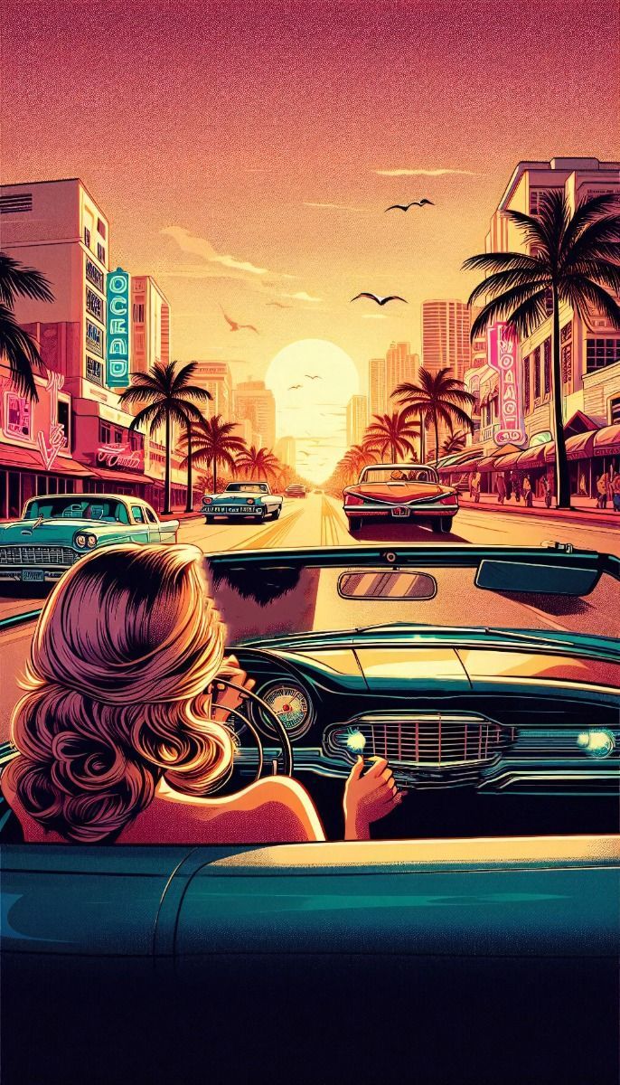 686x1200 Vice City inspired retro Miami lifestyle 1980s, Ocean Drive at sunset, vintage car, palm trees. Miami vice city wallpaper, 80s miami vice aesthetic, Gta vice city