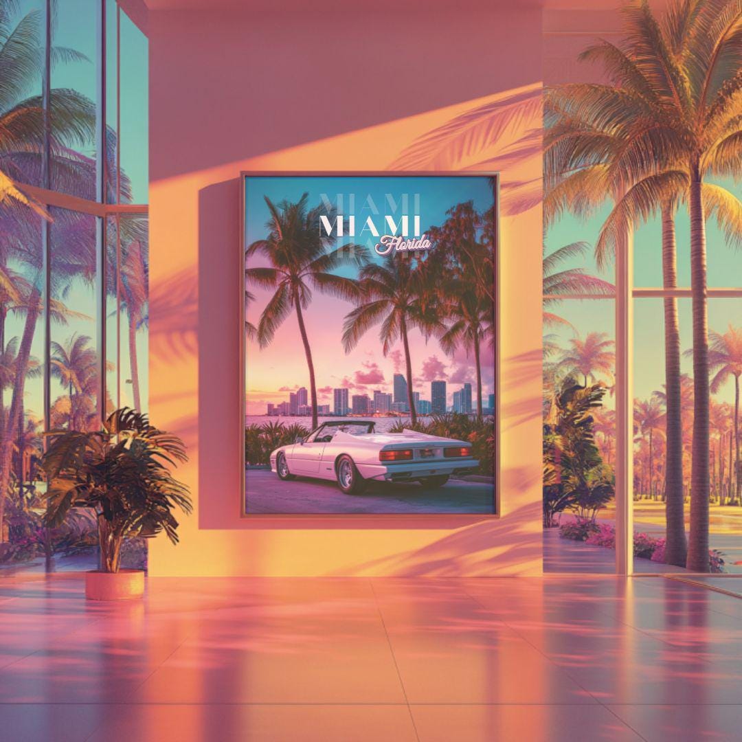 1080x1080 Retro Miami Art Print, Luxury Skyline, Tropical Sunset