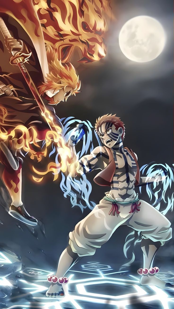 736x1308 Wallpaper Akaza vs Rengoku Kimetsu no Yaiba HD
