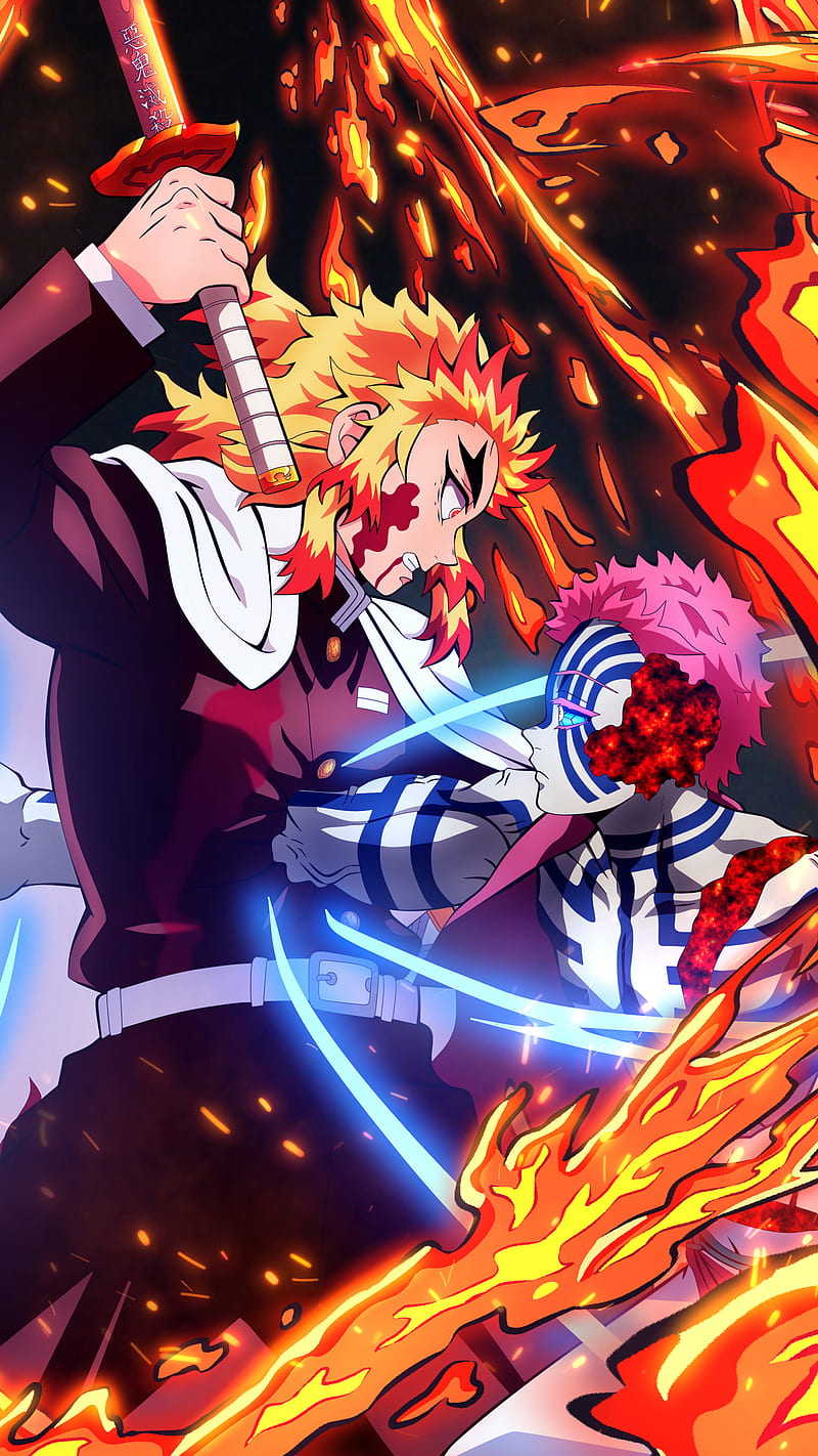 800x1422 Rengoku VS Akaza, anime, demon slayer, fire, flames, kimetsu no yaiba, manga, HD phone wallpaper