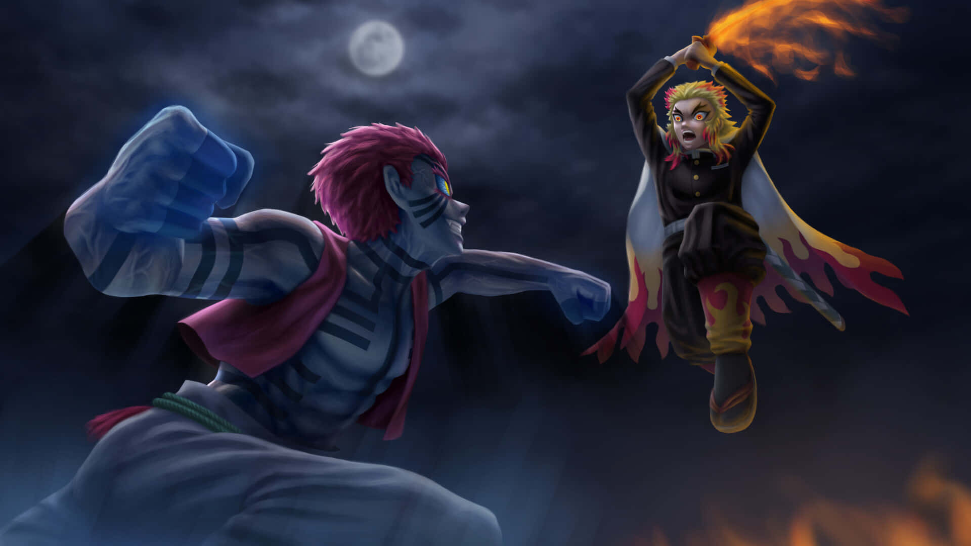 1920x1080 Download Rengoku Kyojuro and Akaza engaging in a fierce battle. Wallpaper