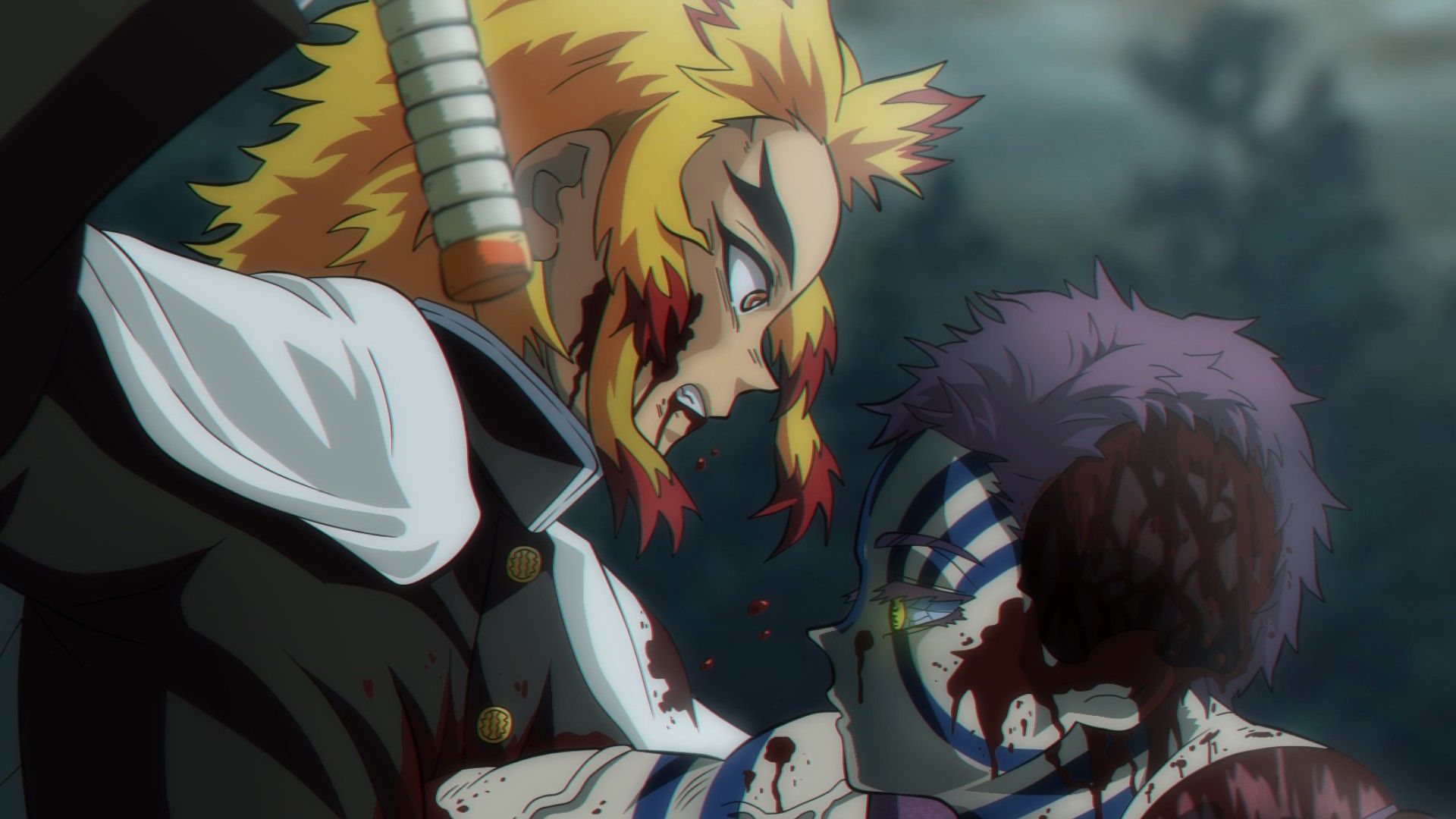 1920x1080 Demon Slayer Akaza Kyojuro Rengoku With Shallow Background Of Trees And Clouds HD Anime Wallpaper