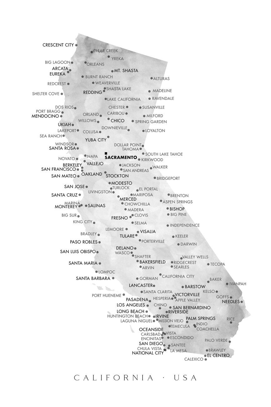 867x1300 Poster Map of California in gray watercolor