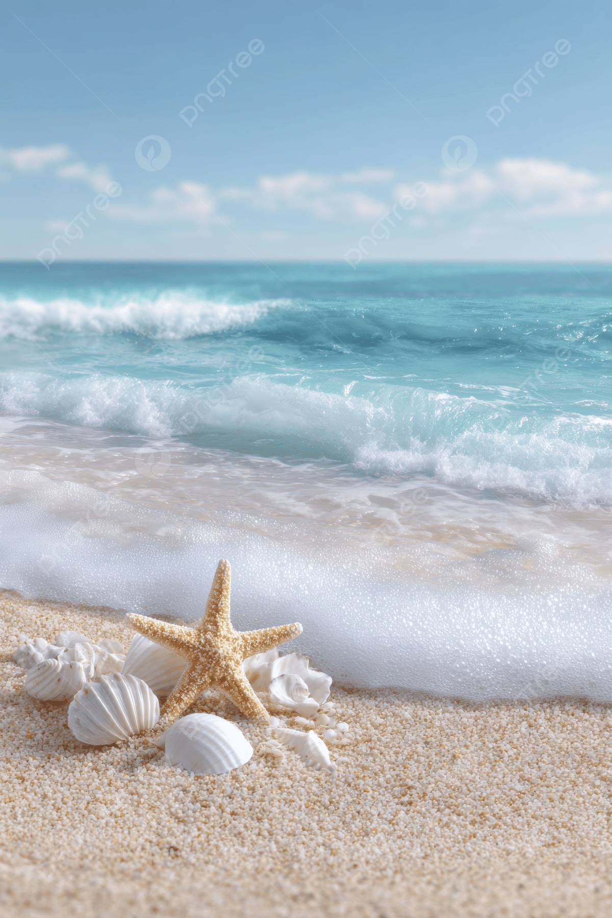 1200x1800 The Beach Is Covered With Golden Sand And A Starfish On Shore Next To Seashells Background Features Sparkling Blue Ocean Waves Wallpaper Image For Free Download