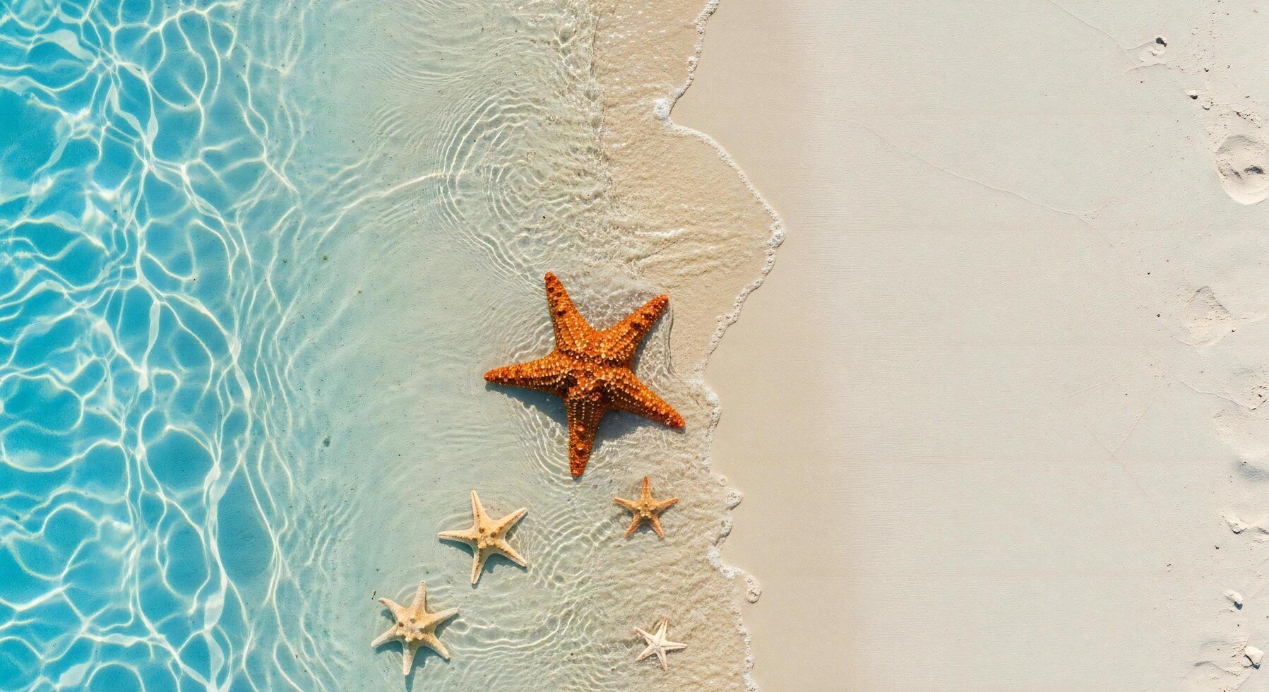1797x980 Nature background, Nature wallpaper, Multiple starfish rest on a sandy beach with clear turquoise water gently lapping the shore