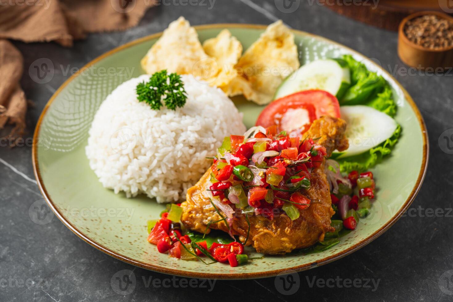 1470x980 Nasi Ayam Geprek is Indonesian Food crispy fried chicken with hot and spicy sambal bawang. Served with rice