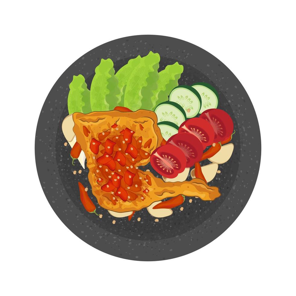980x980 Pecel Ayam or Ayam Penyet is a traditional Indonesian fried chicken with fresh vegetable and chili sauce, served in clay plate, isolated on white plate, top view. Food illustration cartoon 17610043 Vector