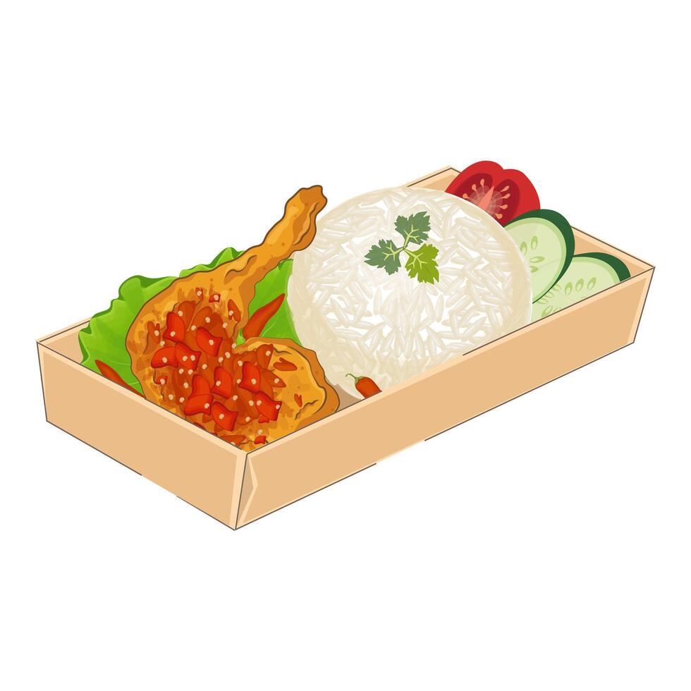 980x980 Pecel Ayam or Ayam Penyet is a traditional Indonesian fried chicken with fresh vegetable and chili sauce, served in clay plate, isolated on white plate, top view. Food illustration cartoon 17610043 Vector