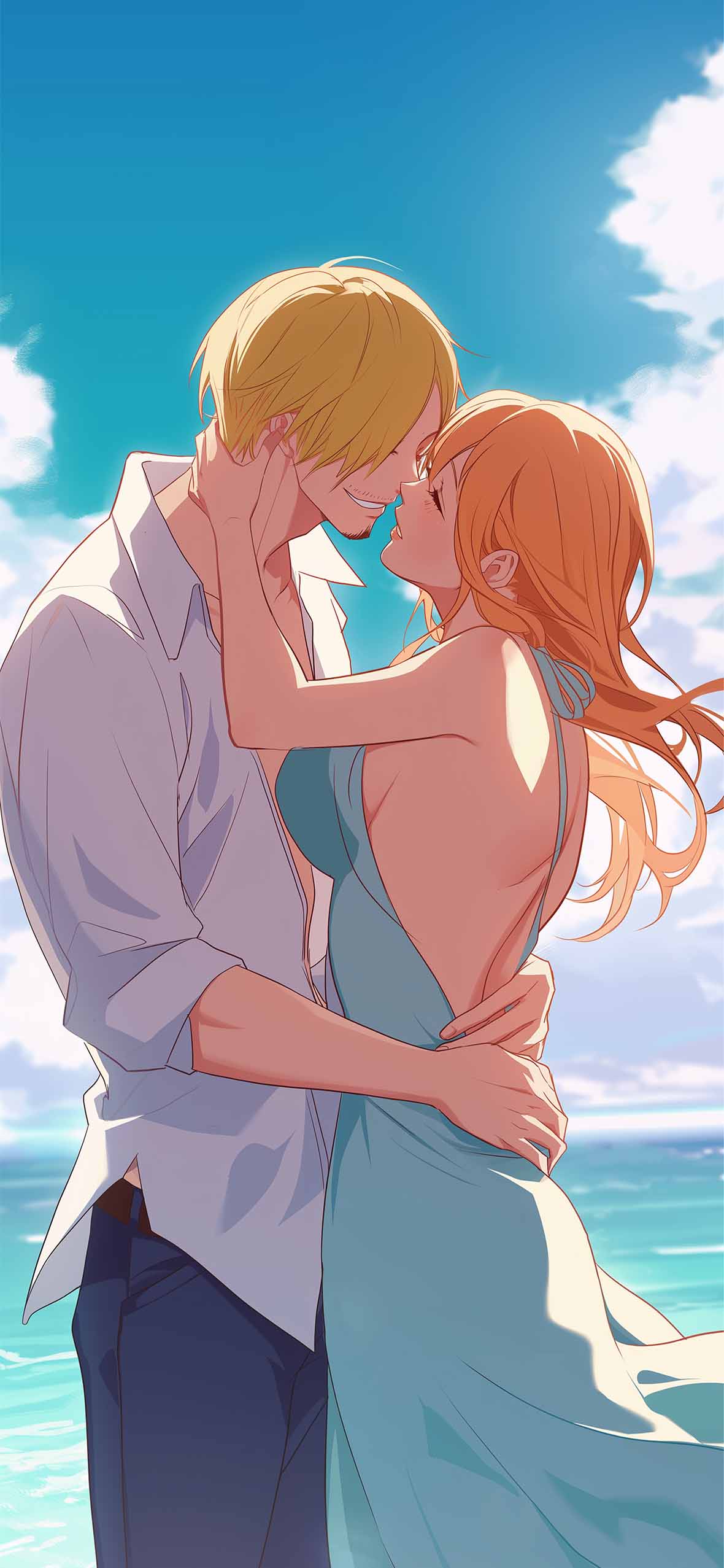 1180x2554 One Piece Sanji & Nami Romantic Seaside Wallpaper