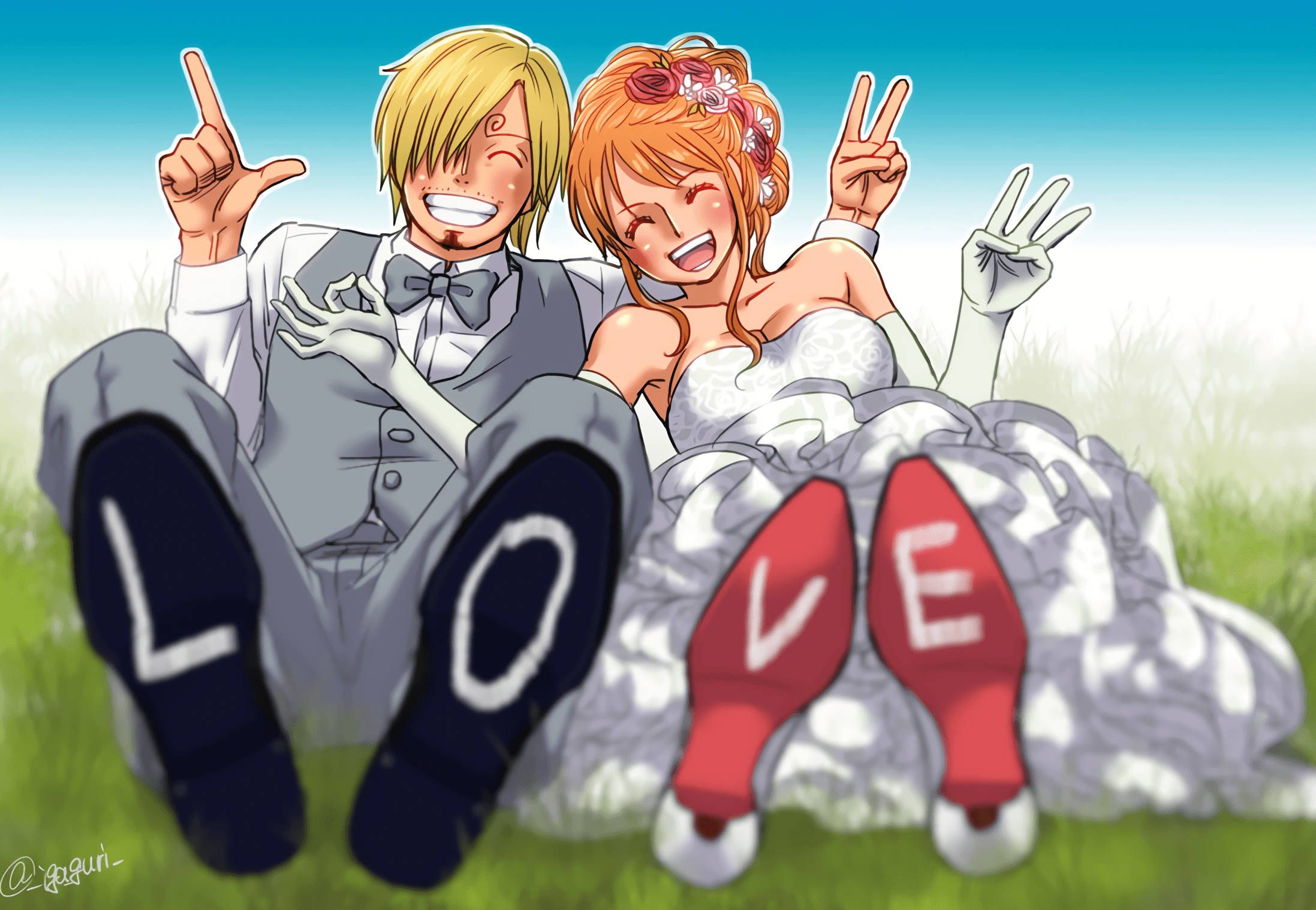 2195x1517 Download Sanji and Nami in their beautiful wedding attire Wallpaper