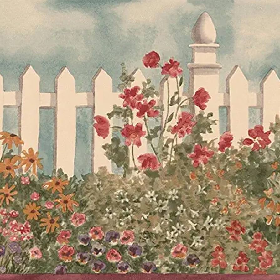 894x894 CONCORD WALLCOVERINGS ™ Wallpaper Border Country Pattern Red White Violet Flowers by White Fence for Living Room Farmhouse, Green White Blue Red Lilac, 15 Feet by 7 Inches BV006232B
