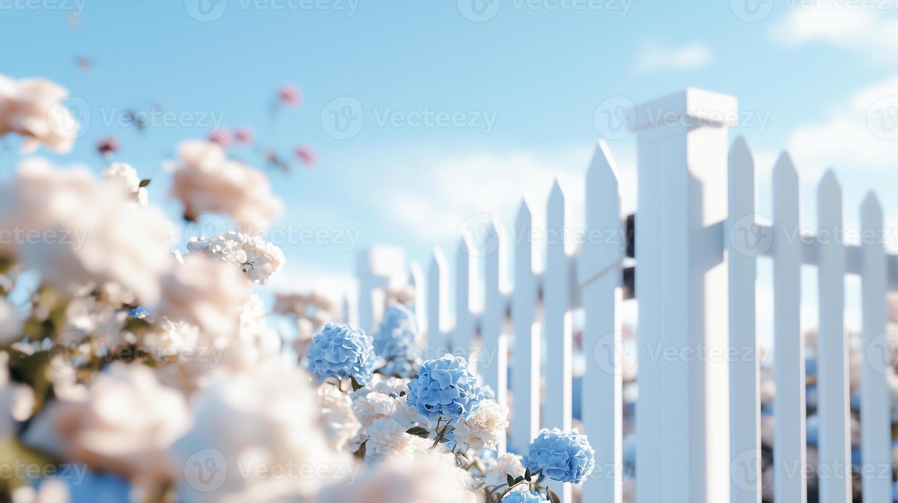 1749x980 A white picket fence with blue flowers in front of it