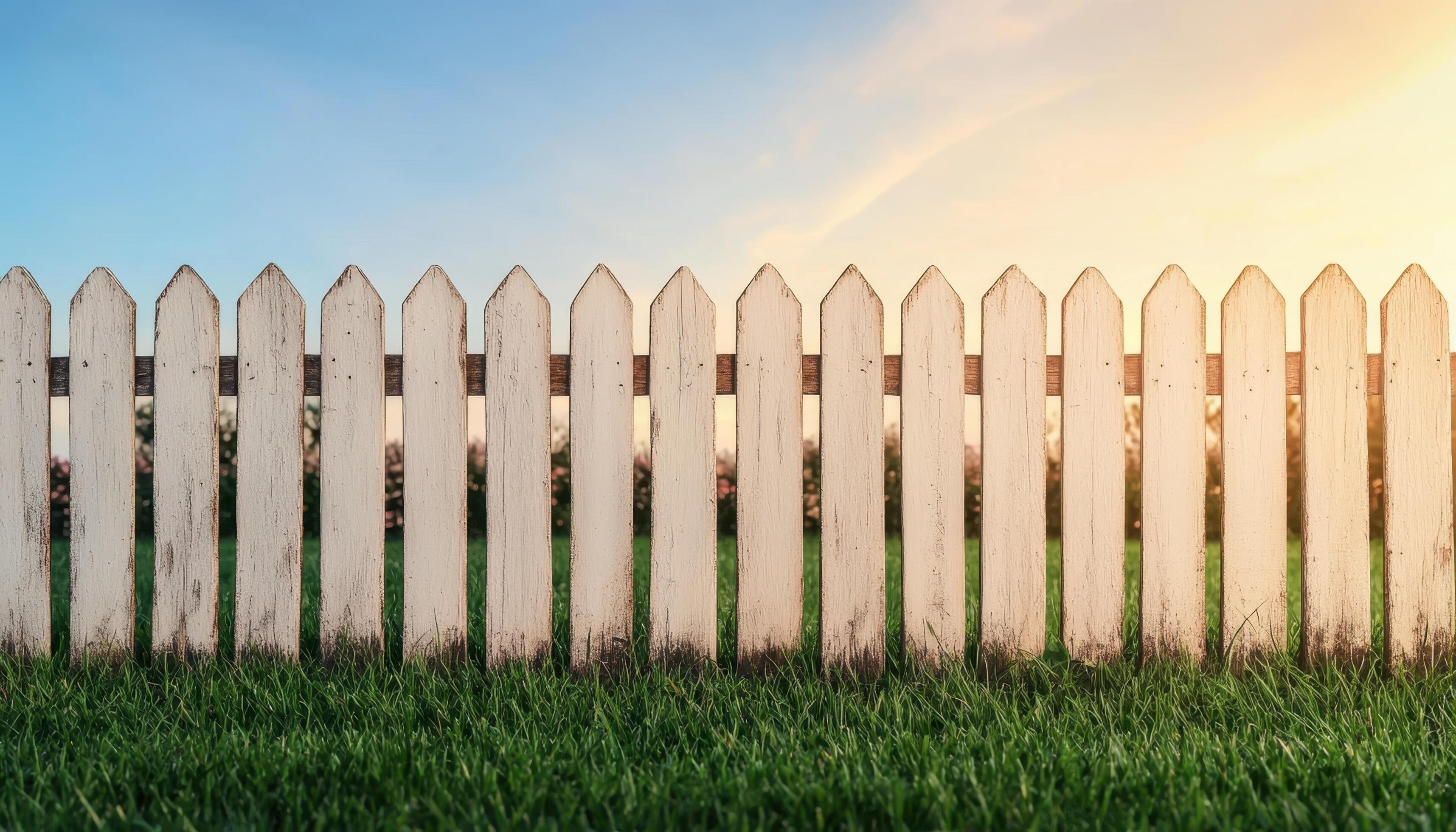 3430x1960 Charming White Picket Fence at Sunset Copyspace Background Nature Scene