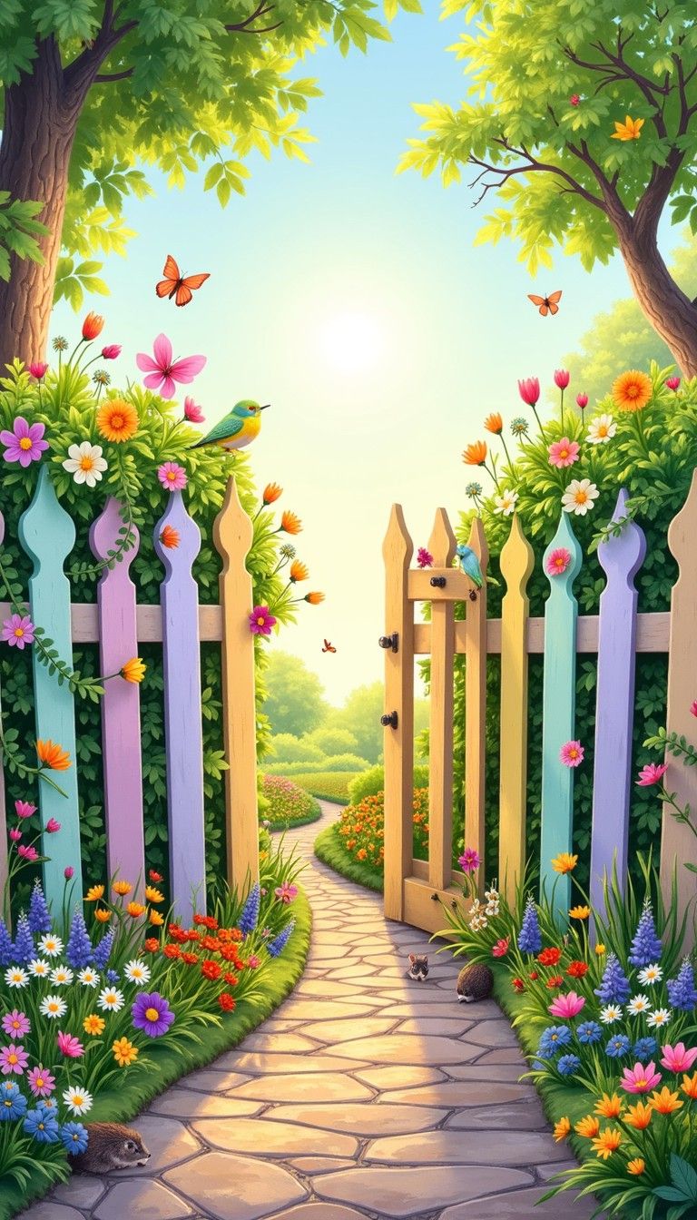 768x1344 Download Magical Garden Fence Image, Rabbits, Butterflies